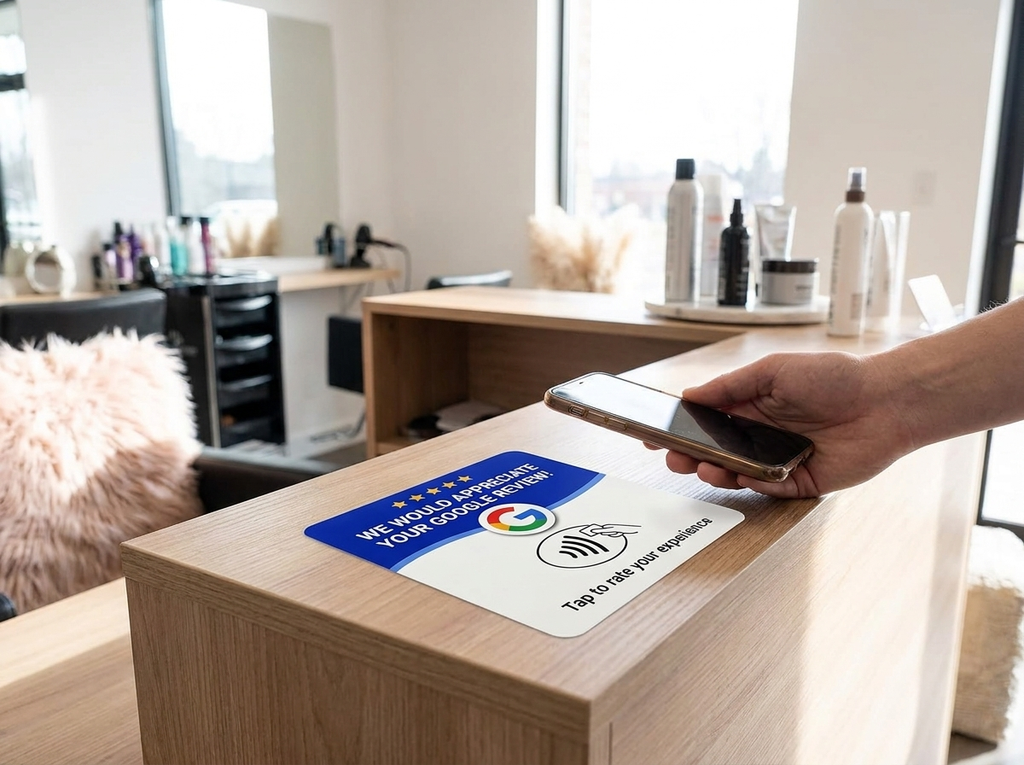 GoogleTap reviewkaart geplakt op een balie, klant tikt met telefoon