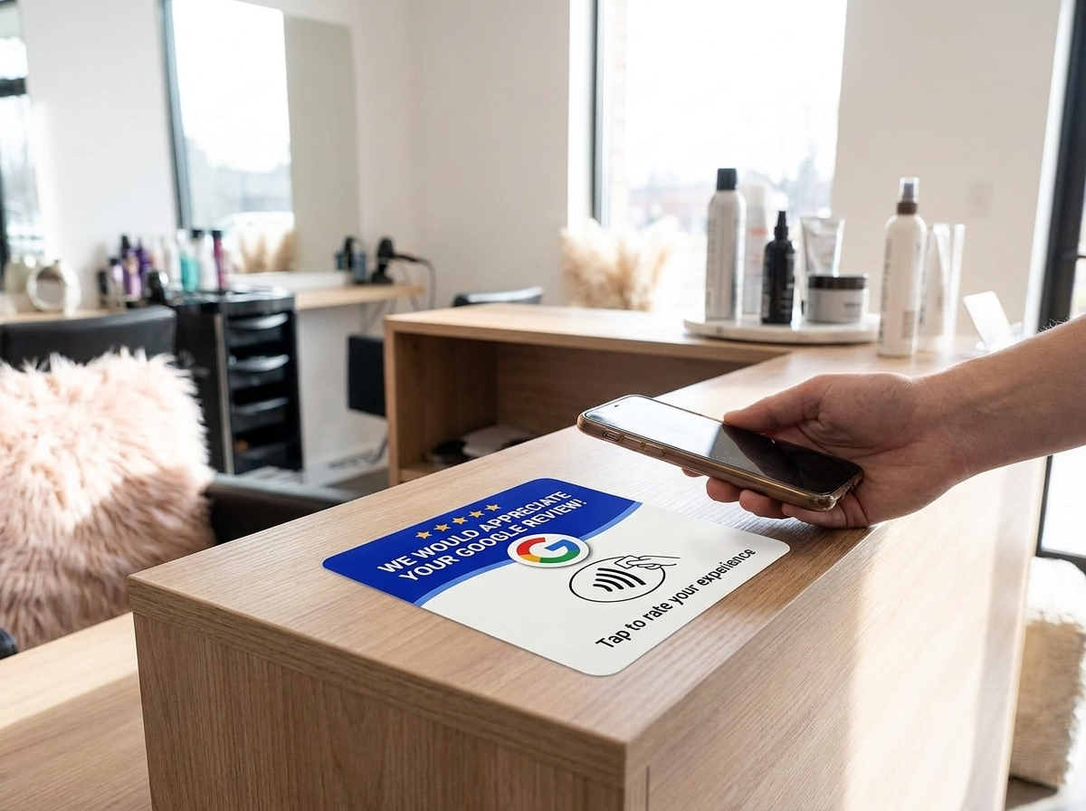 GoogleTap reviewkaart geplakt op een balie, klant tikt met telefoon