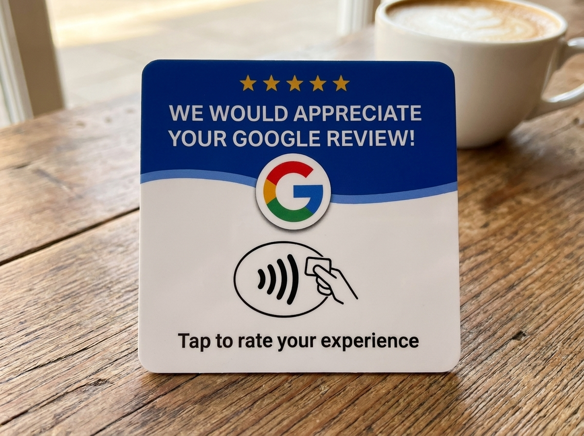 GoogleTap reviewkaart op een cafetafel