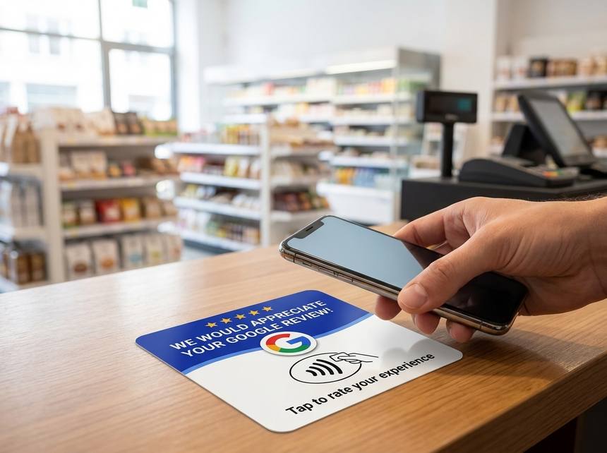 GoogleTap reviewkaart bij de kassa, klant tikt met telefoon